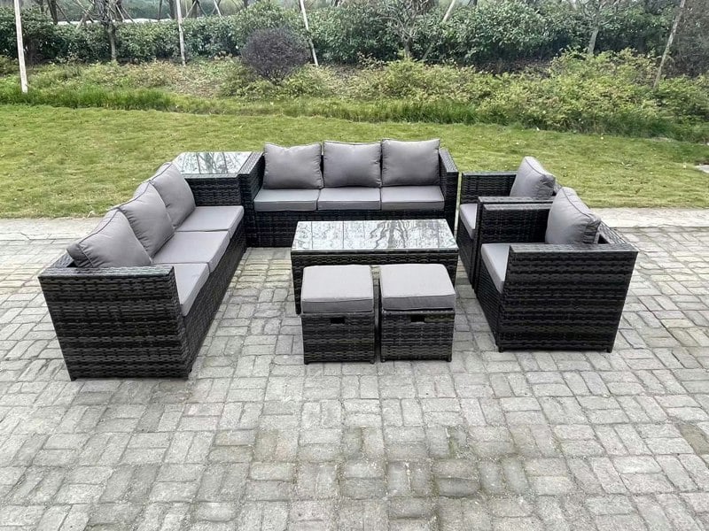 Fimous Outdoor Rattan Garden Furniture Lounge Sofa Set With Oblong Rectagular Coffee Table 2 PC Arm Chair Side Coffee Table 2 Stools