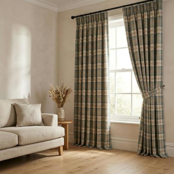 Lewis made-to-measure curtains in Archer, styled in a living room