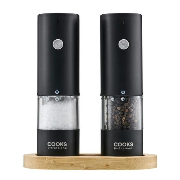 Cooks Professional Rechargeable Salt and Pepper Mill Set with Bamboo Base | Black