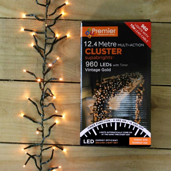 Samuel Alexander 960 LED 12.4m Premier Clusterbrights Indoor Outdoor Multifunction Mains Operated Christmas Cluster Lights with Timer in Vintage Gold