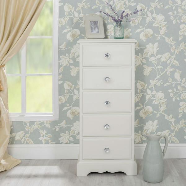 Romance Tallboy 5 Drawer Chest of Drawers with Crystal Handles