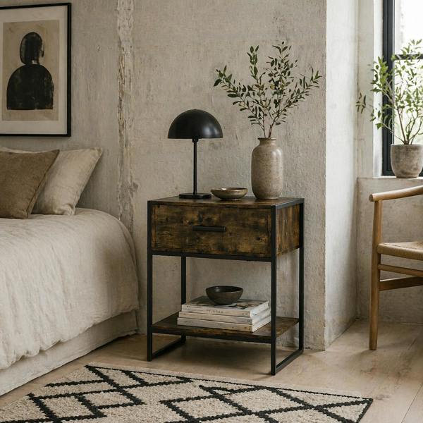 Wyld Haus Likeli Rustic Brown Modern Bedside Table With Bottom Shelf and Drawer