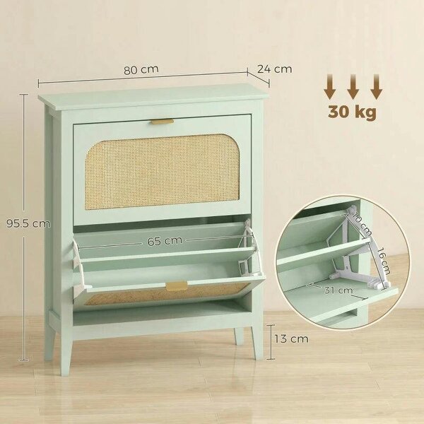 Narrow Shoe Cabinet, Boho Slim Shoe Storage Cabinet with 2 Flip Drawers, Holds 14 Pairs, Light Green