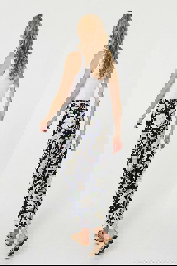 Navy | Floral Tie Waist Wide Leg Trousers
