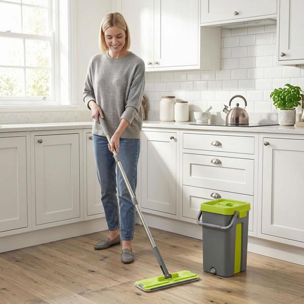 HOMCOM Mop and Bucket Set with 2 Chambers, 5 Microfiber Pads, Dark Grey