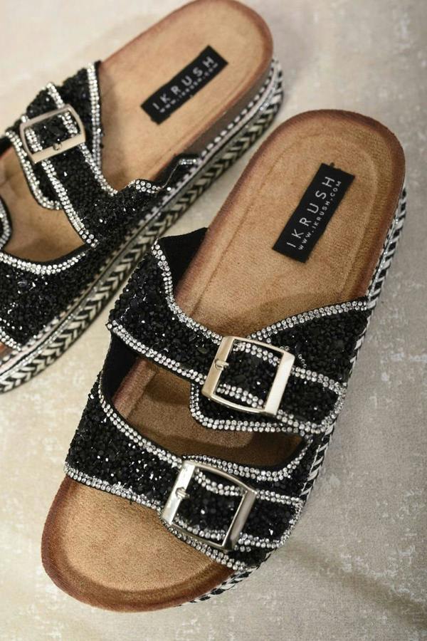 Remy Embellished Stone Double Buckle Platform Sandals - Black