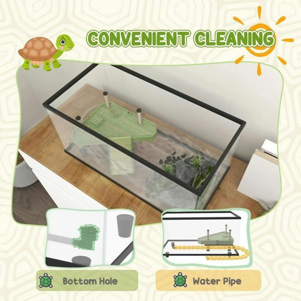 50L glass turtle tank with black frame, basking ramp platform, and drain fittings