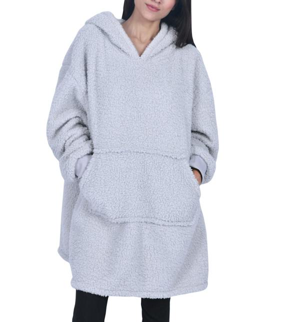 Smart Living Ladies Oversized Borg Blanket Hoodie - Ultra Soft & Warm Fleece Loungewear - Light Grey