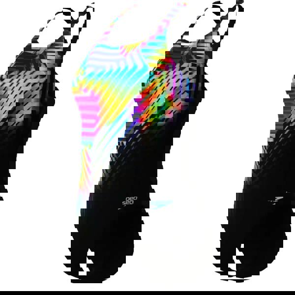 Vibrant black Speedo digital placement medalist swimsuit with rainbow stripes