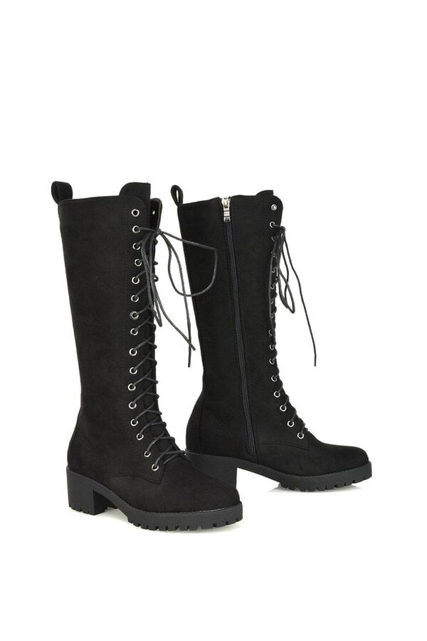 XY LONDON Lace Up Block High Heel Knee High Biker Boots