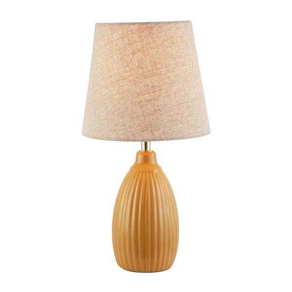 Mustard Etched Lined Ceramic Gloss Table Lamp with Linen Fabric Shade Image 3