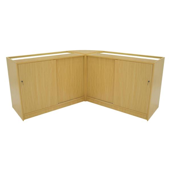 Triton LED Shop Counter Set in maple finish, featuring a corner design with sleek doors and a smooth, textured surface