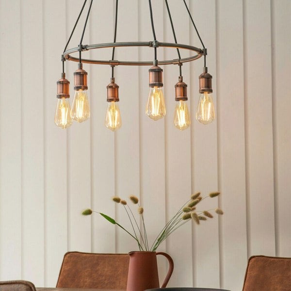 Multi Light Ceiling Pendant AGED COPPER 6 Lamp Industrial Chandelier Bulb Holder Loops