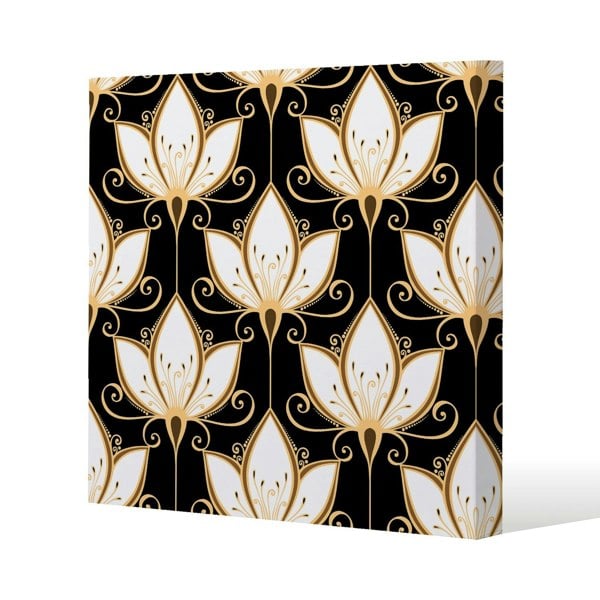 Benjamin Tate Design Black& Gold Floral Pattern Slim Style Canvas Print  50x50cm , 15mm Slim Real wood.