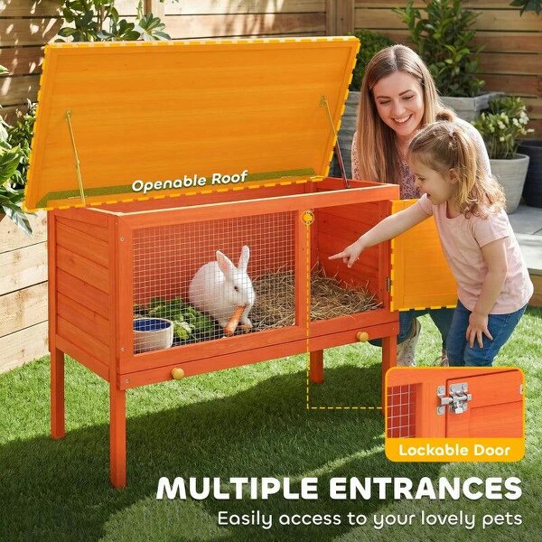 Wooden Rabbit Hutch, Guinea Pig Hutch with Asphalt Roof, Outdoor Elevated Bunny House for Rabbits, Chinchillas