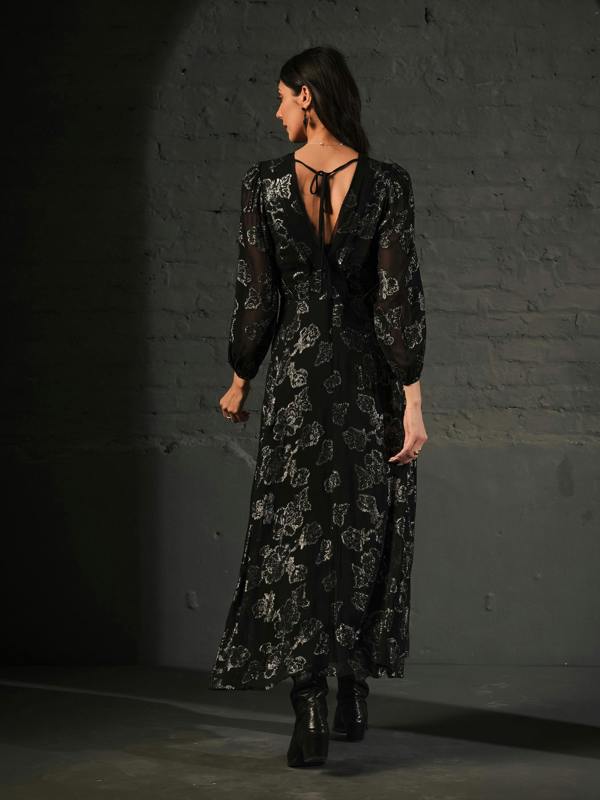Rose & Nancy Dahlia Black Silver Midi Dress