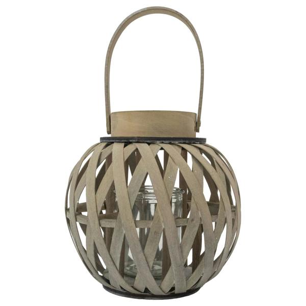 JVL Set of 2 Luna - Natural Round Wood Lantern With Handle, Antique Wash