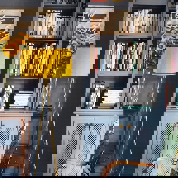 Our Mustard silk lampshade looking great at the home of Erica Davies