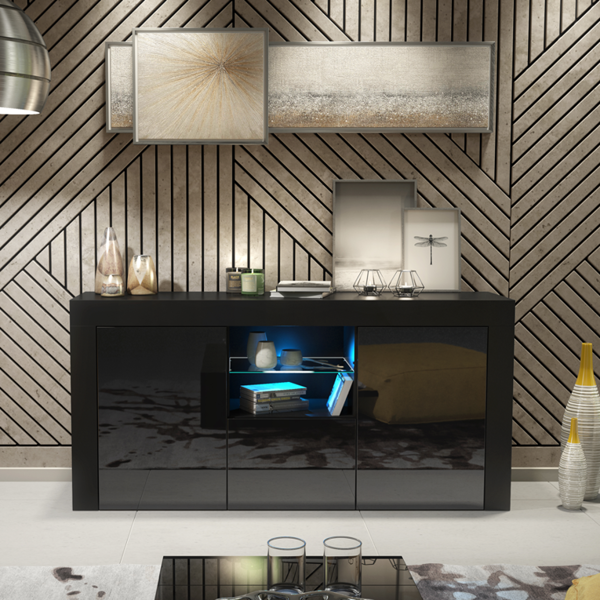 Mex Furniture Modern 145cm TV Unit, Cabinet Stand & with Black Gloss Doors & Free LED