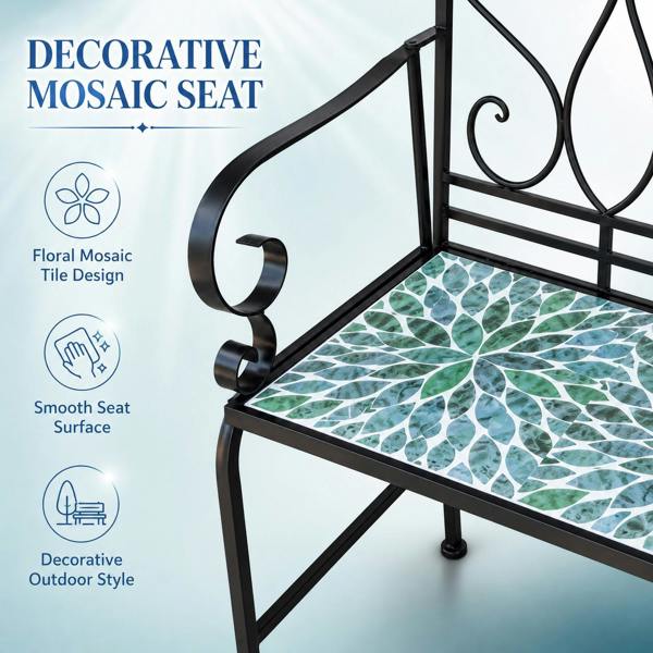 Leaf Mosaic 2 Seater Garden Bench, 112cm Outdoor Patio Seat with Ceramic Tile Seat, Scrollwork Backrest & Metal Frame image 5