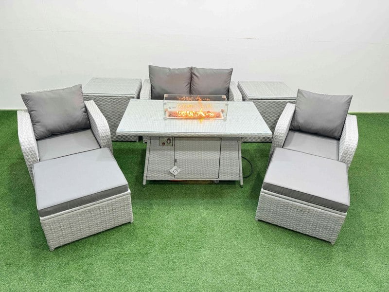 Fimous Light Grey PE Wicker Rattan Garden Furniture Set Sofa Set Reclining Chair Fire Pit Dining Table 6 Seater 2 Big Stools 2 Side Table