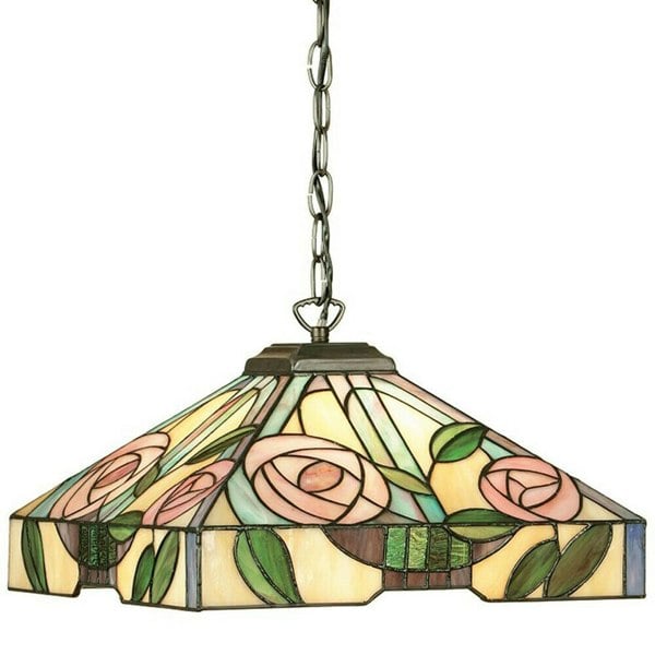 Tiffany Glass Hanging Ceiling Pendant Light Bronze & Square Rose Shade i00156 Loops