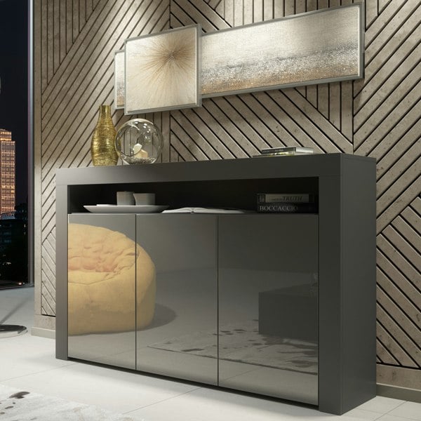 Mex Furniture Modern Sideboard 155cm – Matt Grey Body with Grey Gloss Doors