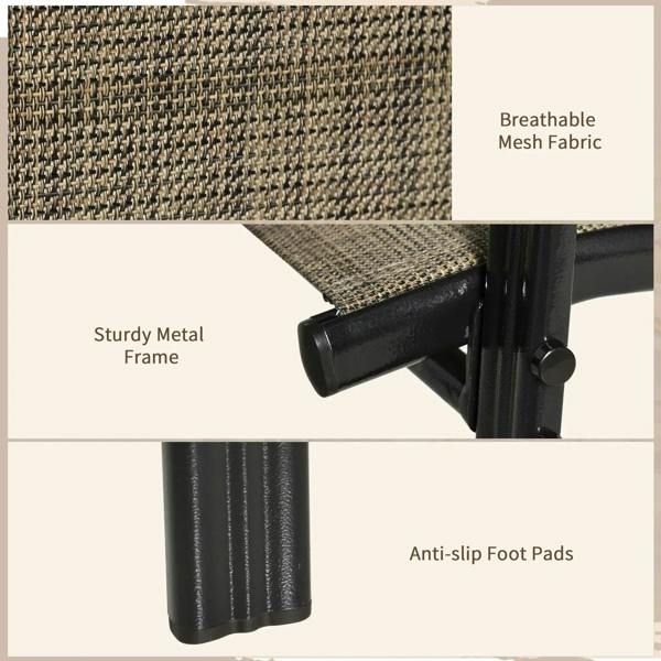 Close-up of mixed brown mesh fabric on a stackable chair with black metal frame