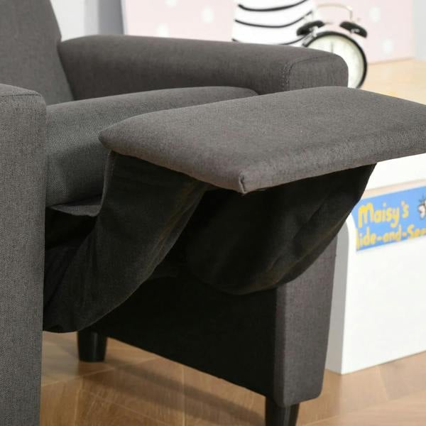 Grey kids armchair sofa footrest, fabric-covered panel and hinge close-up