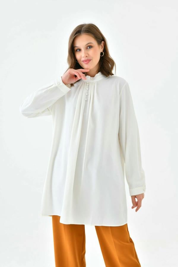 Hoxton Gal Oversized Long Sleeve Button Detailed Tunic Top in White