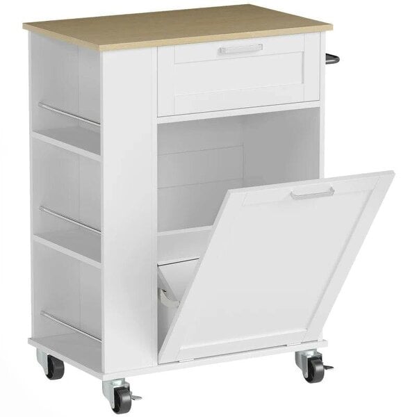 Kitchen Storage Trolley on Wheels, Rolling Kitchen Island with 2 Drawers, Tilt-Out Rubbish Cabinet and Storage, White