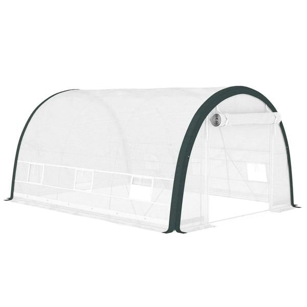 Walk-in tunnel greenhouse with white fabric cover and dark green arched frame