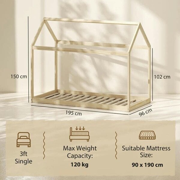 Single Bed Frame, House Scandinavian Wooden Bed Frame for 90W x 190Dcm Mattress, Pine Wood Bed Base, Natural Wood Finish