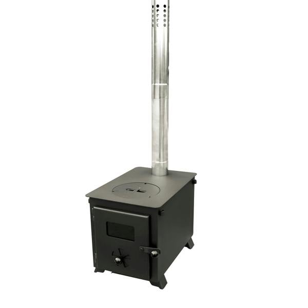 Portable wood burning stove with a chimney on a white background