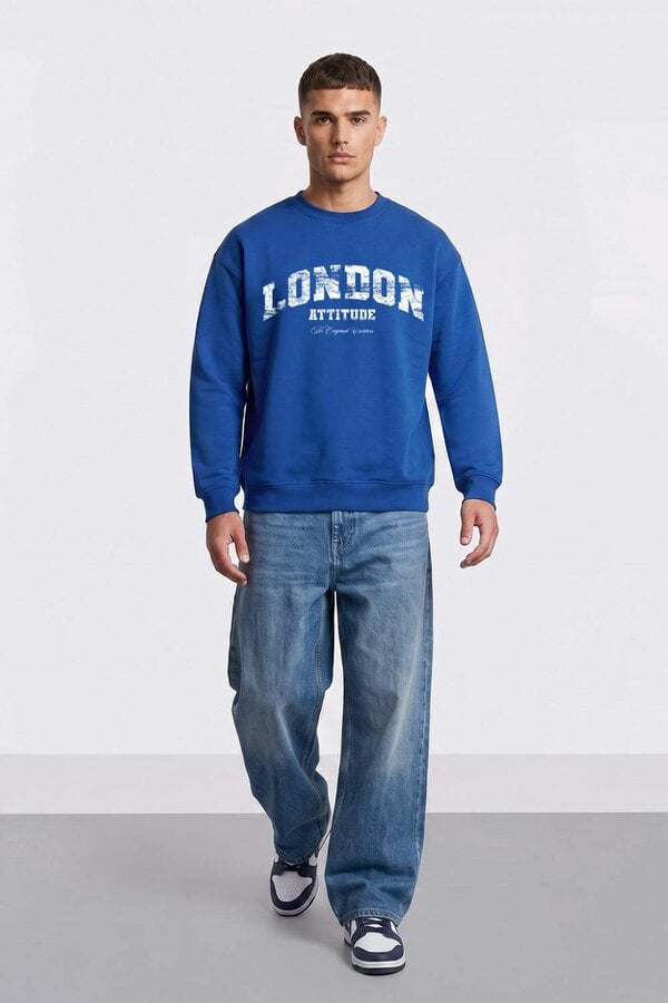 London Attitude Relaxed Fit Collegiate Graphic Sweatshirt in White - Bright Royal
