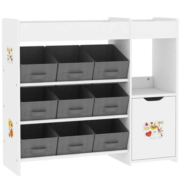Bobobiy Kids Toy Storage, 9 Removable Fabric Bins, Wooden Toy Storage Units for Toys and Books for Bedroom, Nursery, White