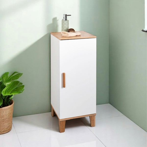 Showerdrape Amalfi Matt White & Bamboo Single Floor Bathroom Cabinet