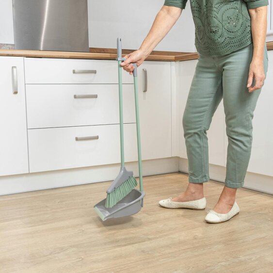 JVL Long Handle Dust Pan And Brush Set - Grey