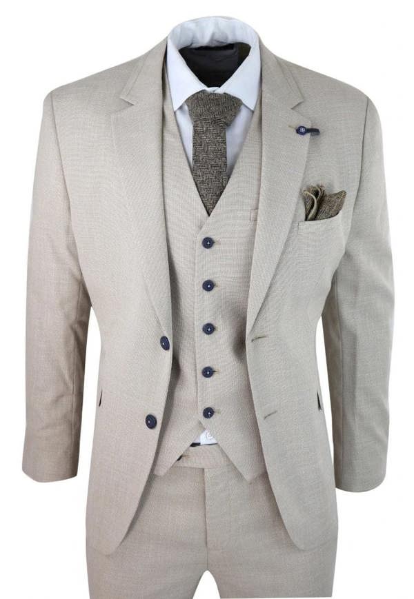 House of Cavani Mens 3 Piece Cream Linen Summer Spring Classic Suit