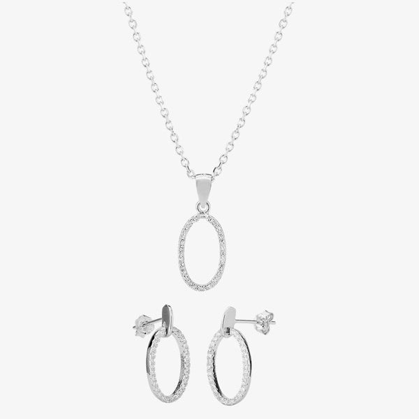 T. H. Baker Silver Cubic Zirconia Open Oval Pendant and Dropper Earring Set SET12795