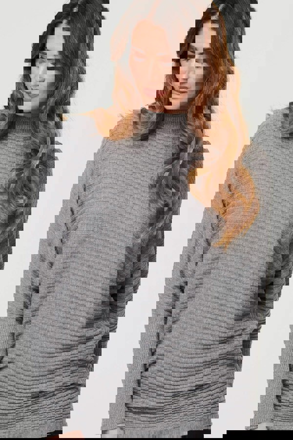 Grey | Striped Texture High Neck Relaxed Jumper
