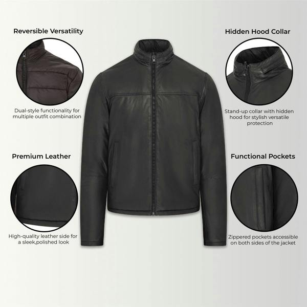 Infinity Leather Mens Hooded Reversible Bomber Leather Jacket - Raufoss