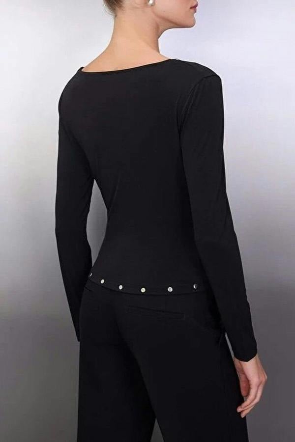 WOVCOR Fitted Long Sleeve Flexible Knit Blouse with Troc Detailed