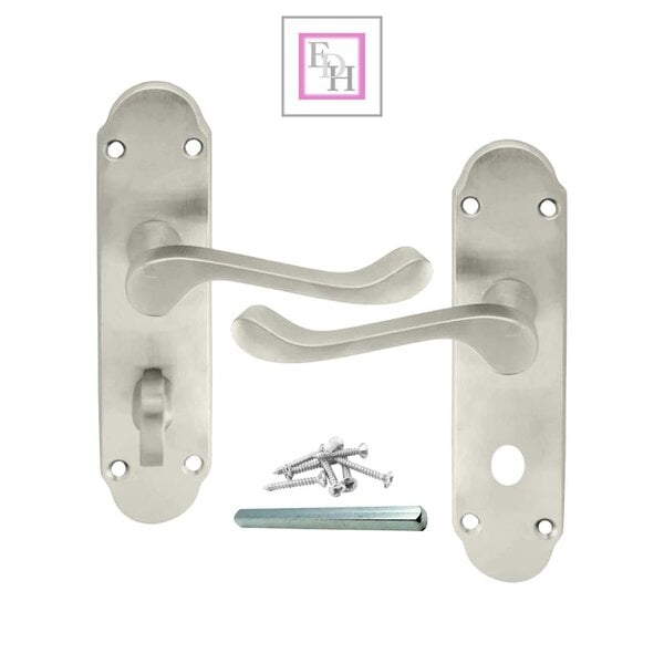 EDH Door Hardware Satin Nickel Bathroom Door Handle – Epsom Style Victorian Scroll Privacy Lever