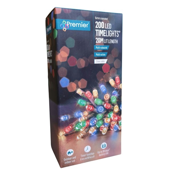 Samuel Alexander 200 LED 20m Premier Christmas Outdoor Multi Function Battery Lights with Timer & Clear Cable in Multicoloured