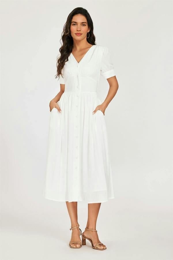 FS Collection Button Front Short Sleeve Midi Dress In White