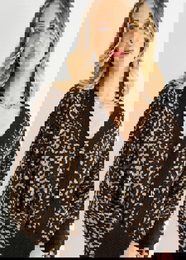 Gini London Chocolate Animal Print Wool Mix Cardigan Look Jumper