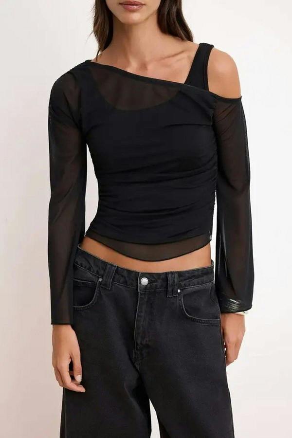 WOVCOR Fitted Asymmetric Neck Long Sleeve Ruched Mesh Blouse