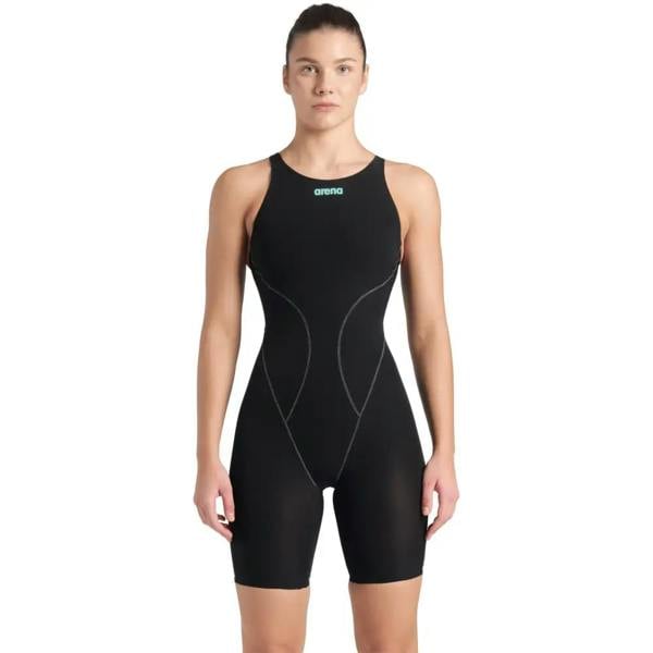 Black Arena Powerskin Impulso Open Back swimsuit in teal accents