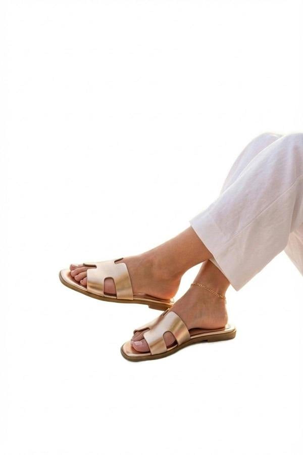 Aria Womens H-Strap Flat Slide Sandals - GOLD_wb